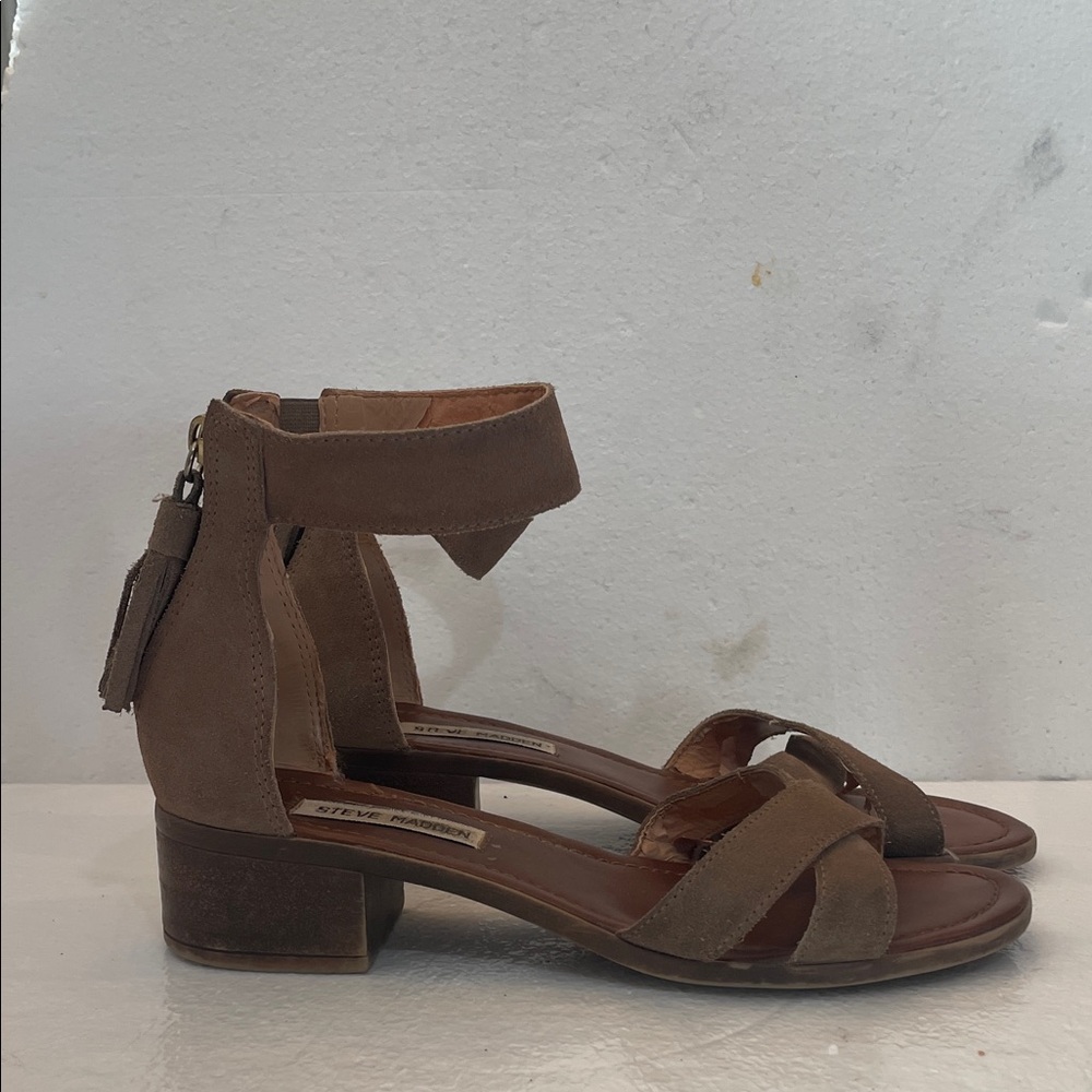 Steve Madden Taupe Suede Ankle Strap Sandals zipper tassel chunky heel women’s 8